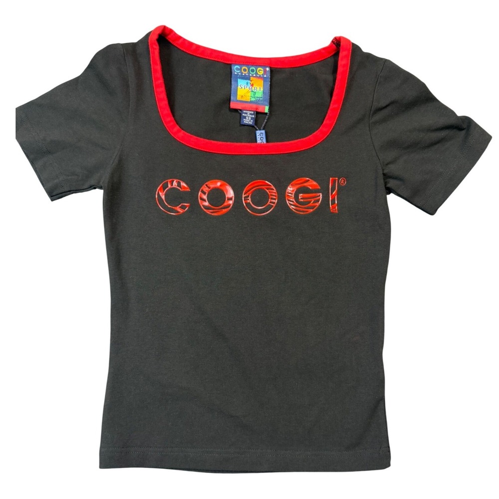 VTG COOGI Australia Sport Black Red Trim Square Neck Short‎ Sleeve Top Size SS